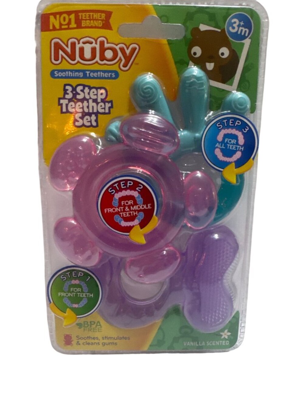 Nuby 3 Step BPA Free Vanilla Scented Teether Set For Baby Ages 3 Months & Up